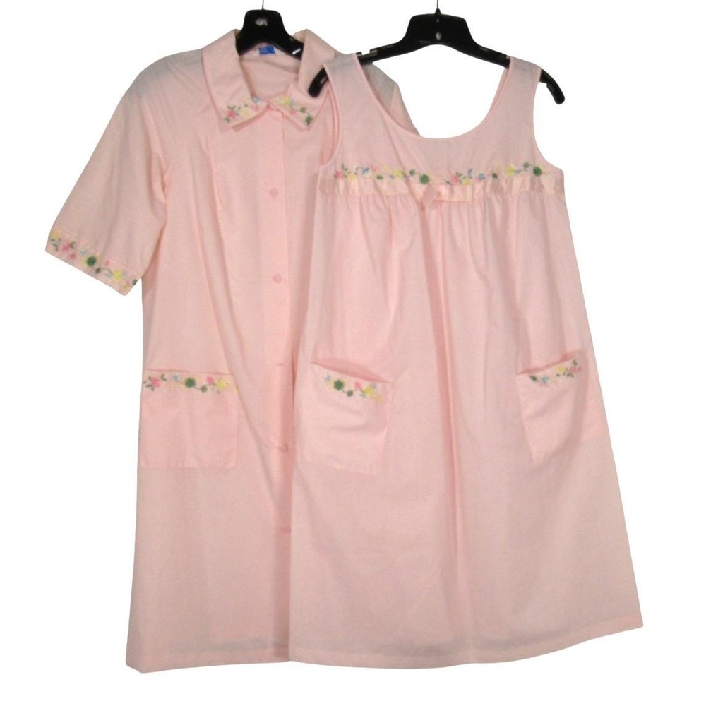 Vtg SEARS Pink Twill Button-Up Floral Trim PEIGNOIR Robe/Nightgown SET Sz 32/34